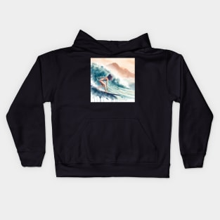 Abstract looking illustration of a woman surfing in a bikini in tropical waters. Kids Hoodie